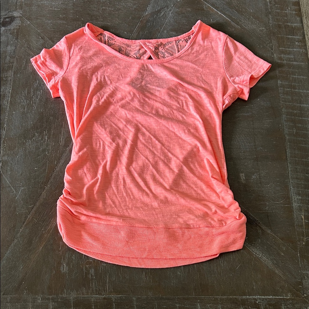 No Boundaries Coral Short Sleeve Top with Lace Back